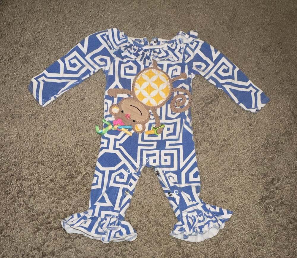 Mud Pie Blue and White Geometric Print Long Sleeve One-Piece with Monkey Appliqu
